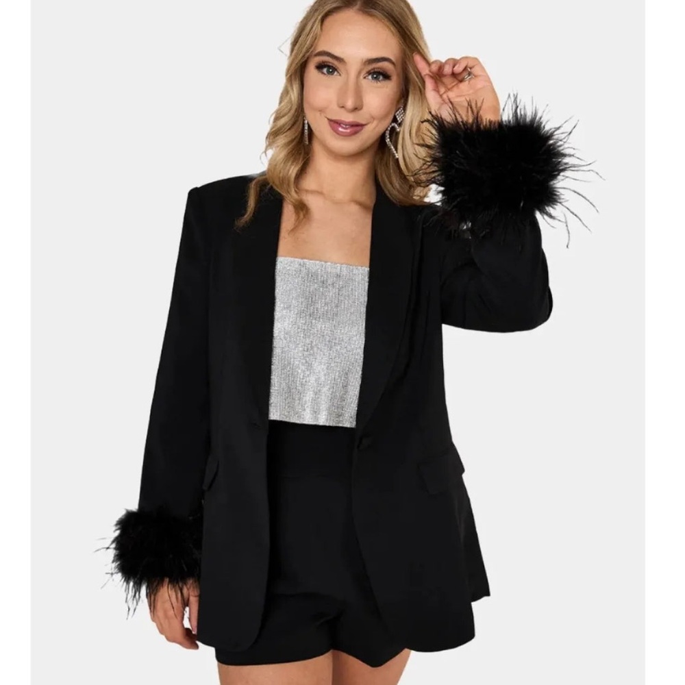 Black Feather-Trimmed Women's Blazer